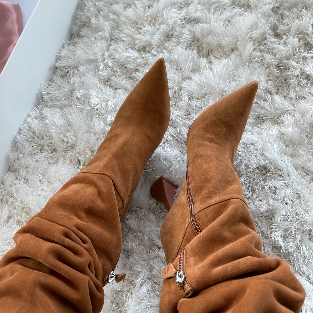 Amina Muaddi Suede Over the Knee Camel Colored Boots, Size 38.5